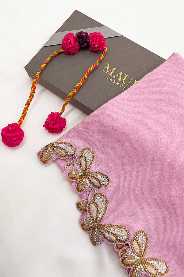 Shimmer Wings | Embroidered Wool Silk Stole with Handcrafted Rakhi