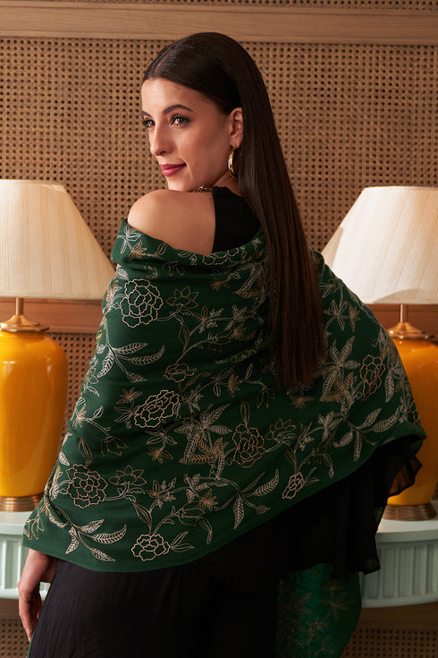 Golden Peony | Embroidered Fine Merino Wool Stole