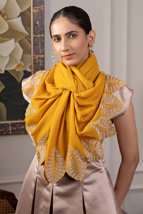 Vintage Leaf | Embroidered Wool Silk Stole with Handmade Rakhi