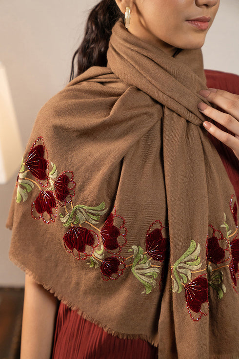 Magnolia Buds | Embroidered Wool Silk Stole with Handmade Rakhi