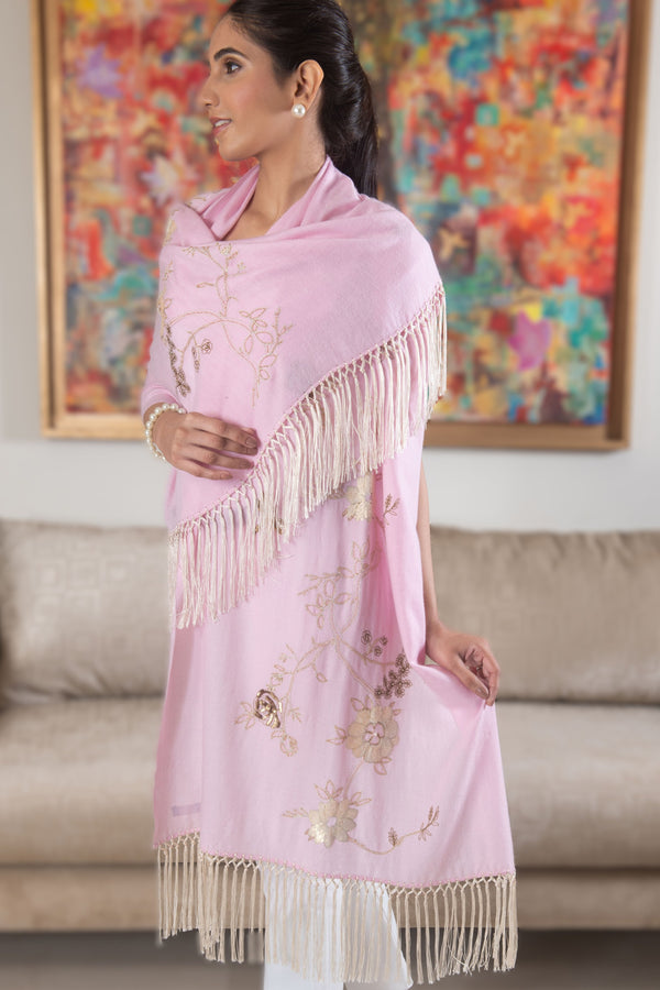 Blush Gold Blossom | Embroidered Wool Silk Stole