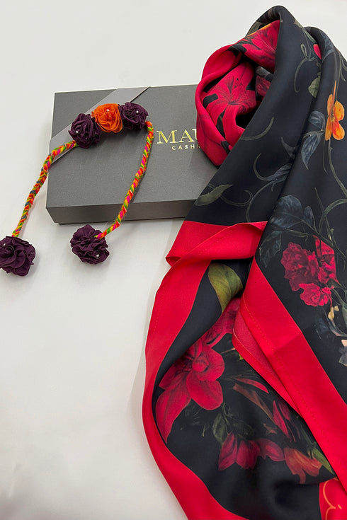 Kyoto Rouge | Pure Silk Twill Scarf with Handmade Rakhi