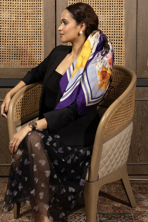 Sula Blossom | Pure Silk Twill Scarf with Handmade Rakhi