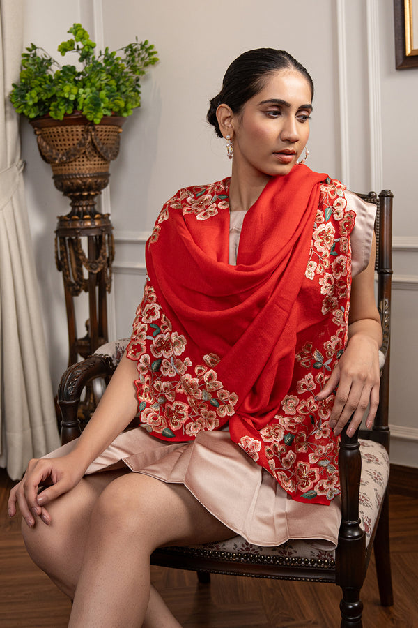 Orchidaceae | Embroidered Fine Wool Silk Stole