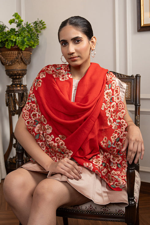 Orchidaceae | Embroidered Fine Wool Silk Stole