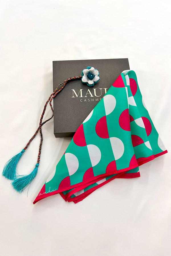 Retro Riviera | Pure Silk Pocket Square with a Handmade Rakhi